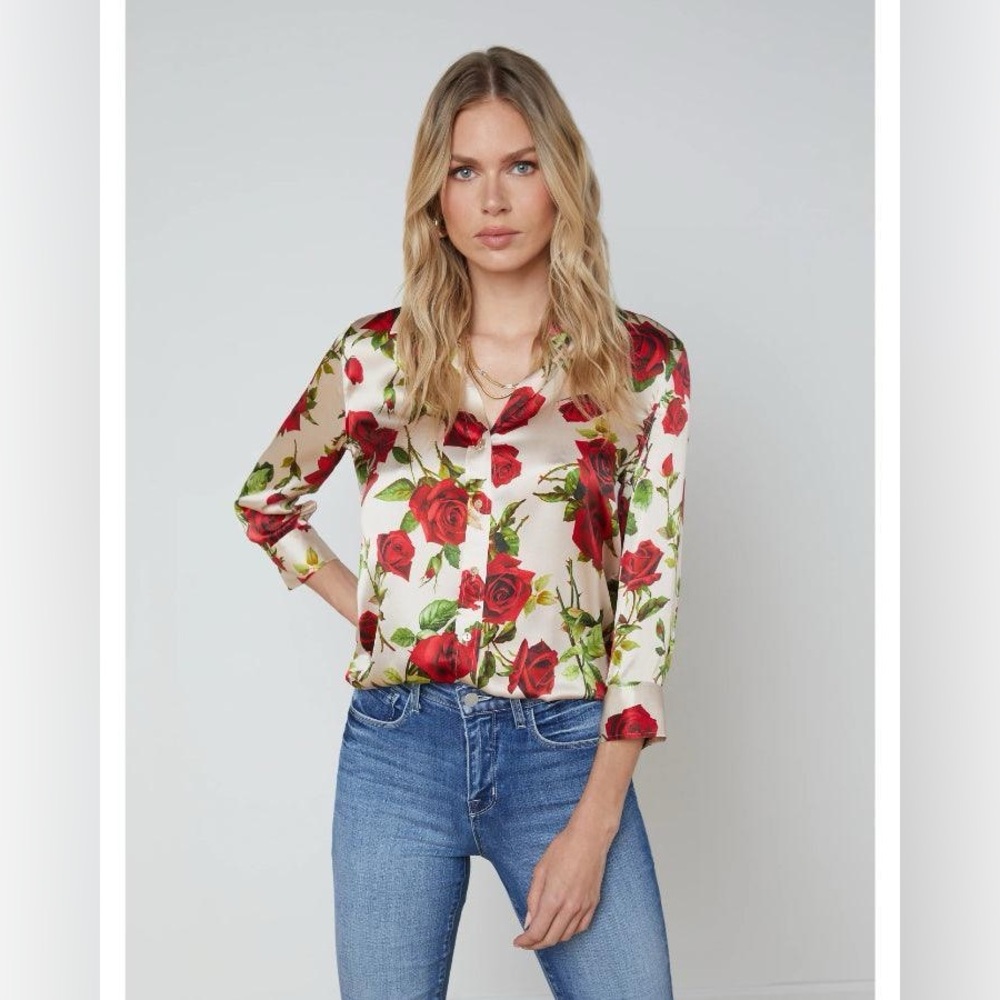 NWT L'Agence Dani Rose Print Silk Button-Up Shirt Blouse